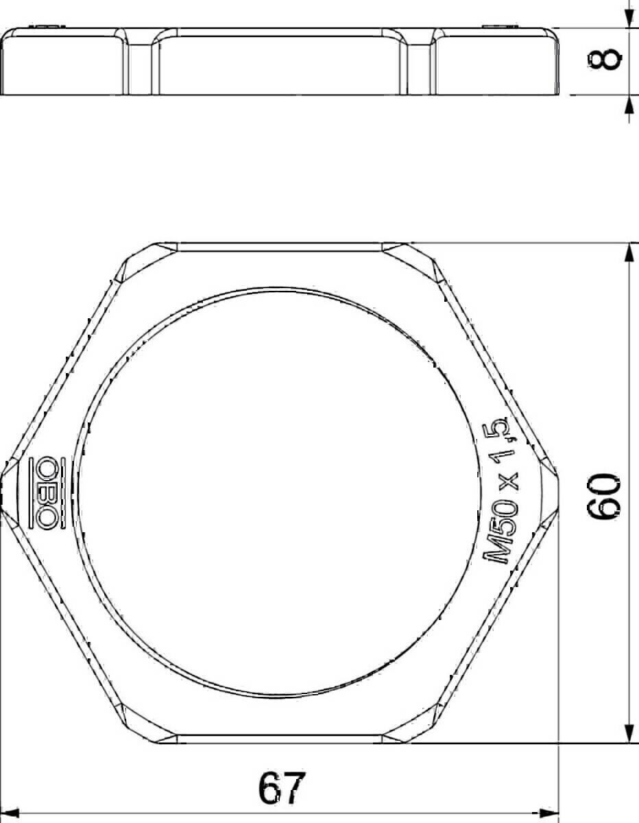 Sechskantschraubenkappe M50 x 1,5 mit Abmessungen von 60 mm, in einer technischen Zeichnung dargestellt.