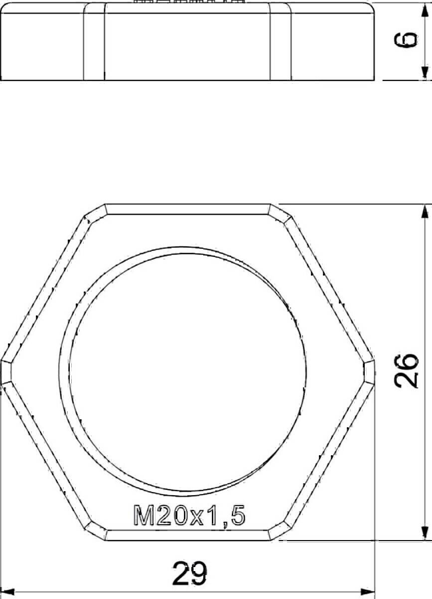 Technische Zeichnung einer Sechskantmutter, beschriftet mit 'M20x1.5', mit einer Höhenmessung von 26 Einheiten auf der rechten Seite.