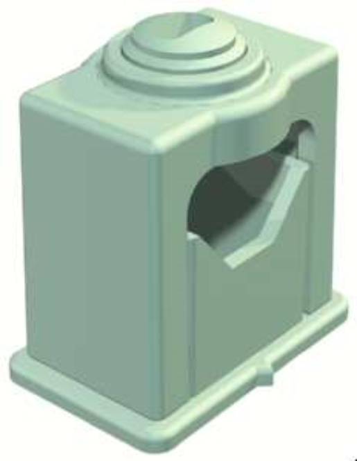 Ein 3D-Modell eines grünen, rechteckigen Objekts mit einem offenen Fach und abgerundeten Kanten, das einem stilisierten Industriebehälter ähnelt.