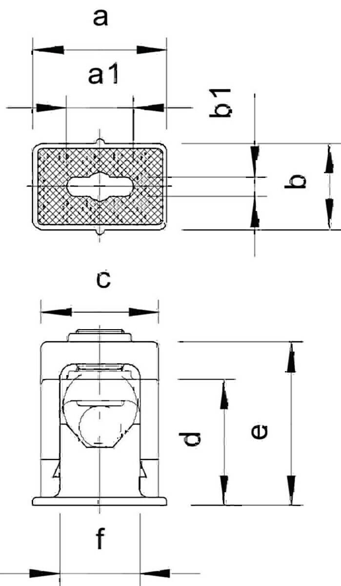 Technische Zeichnung eines Bauteils mit Seiten- und Draufsicht, wobei die Abmessungen mit b, c, d und e beschriftet sind und Maße angeben.