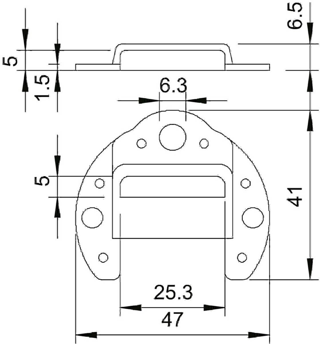 Technische Zeichnung eines mechanischen Bauteils mit verschiedenen beschrifteten Abmessungen, einschließlich Breiten, Höhen und Lochanordnungen.