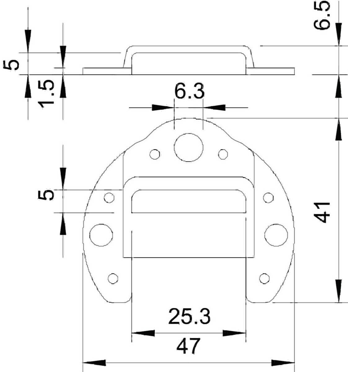 Technische Zeichnung einer Metallhalterung mit Abmessungen. Draufsicht zeigt eine Breite von 47 mm, Vorderansicht zeigt eine Höhe von 41 mm.
