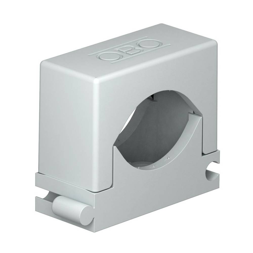 Eine graue elektrische Kabelbefestigung mit einem quadratischen Deckel, auf dem die Marke 'OBO' oben aufgedruckt ist, die darauf ausgelegt ist, Kabel sicher zu halten und zu unterstützen.