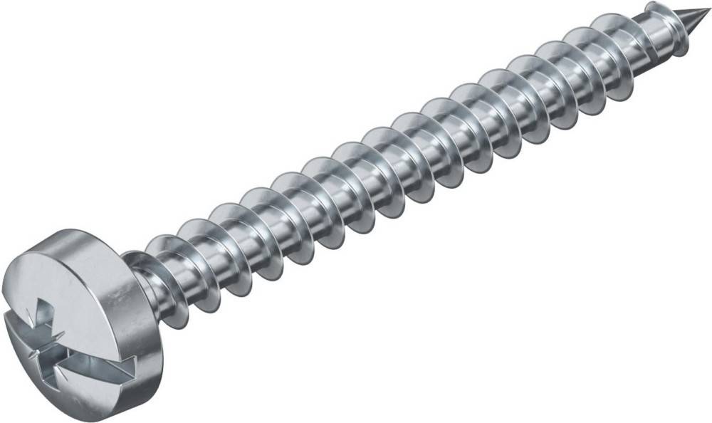 Eine glänzende Metallschraube mit Senkkopf und Spiralgewinde, leicht nach links geneigt, isoliert auf weißem Hintergrund.