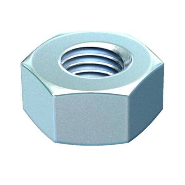 Eine silberne sechseckige Metallmutter mit Innengewinde, dargestellt auf einem einfachen weißen Hintergrund.