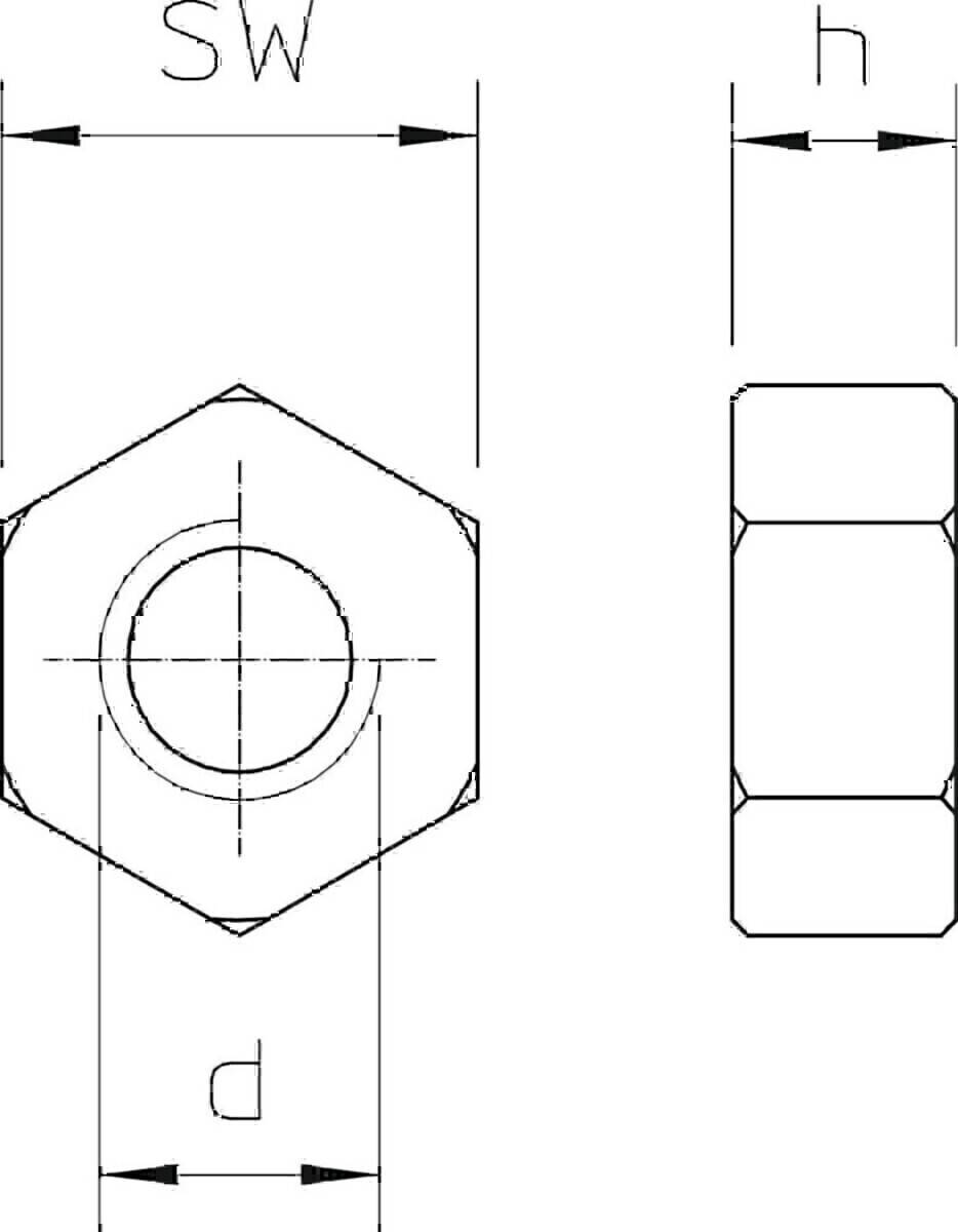 Technische Zeichnung einer Sechskantmutter, die Draufsicht, Seitenansicht und Endansicht mit Maßen und Maßlinien zeigt.