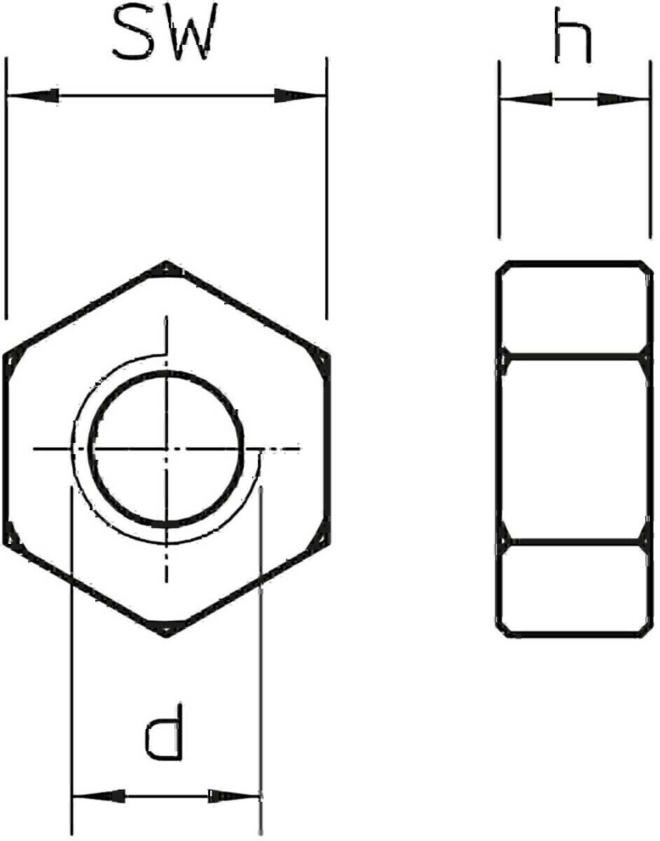 Technische Zeichnung einer Sechskantmutter, Ansicht von oben und Seitenansicht. Abmessungen und Querschnittsdetails sind enthalten.
