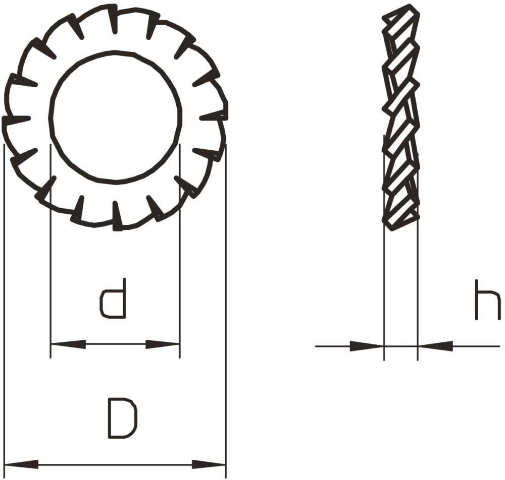Zahnrad-Profildiagramm mit Seiten- und Frontansicht, mit beschrifteten Abmessungen: Außendurchmesser (D) und Bohrungs-Durchmesser (d).