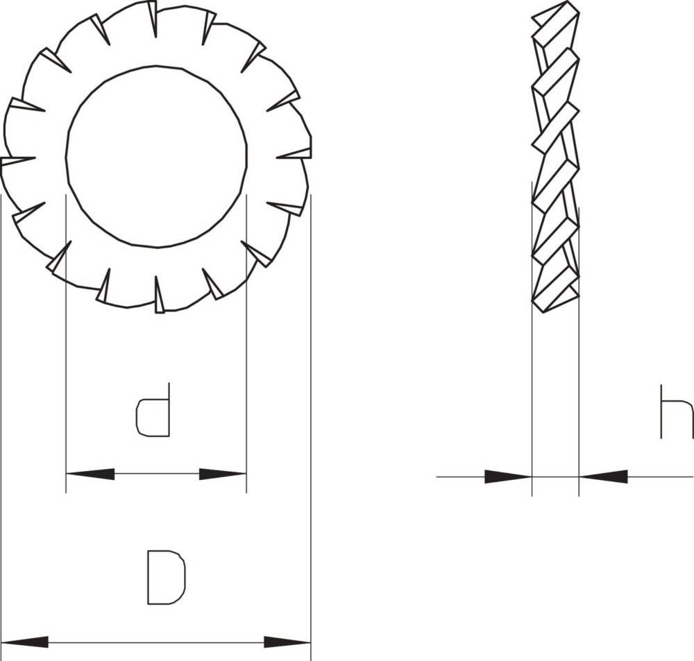 Technische Zeichnung einer gezahnten Kreissägeblatt. Linkes Bild zeigt die Frontansicht; rechtes Bild zeigt die Seitenansicht mit beschrifteten Dimensionen D und d.