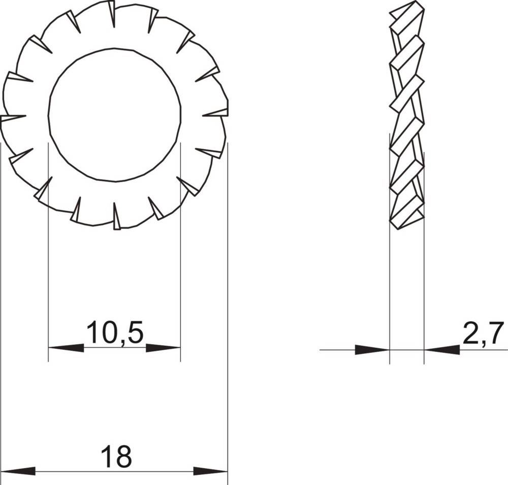 Technische Zeichnung eines Zahnradschneiders mit Seiten- und Draufsicht. Maße: Außendurchmesser 18 mm, Innendurchmesser 10,5 mm, Dicke 2,7 mm.