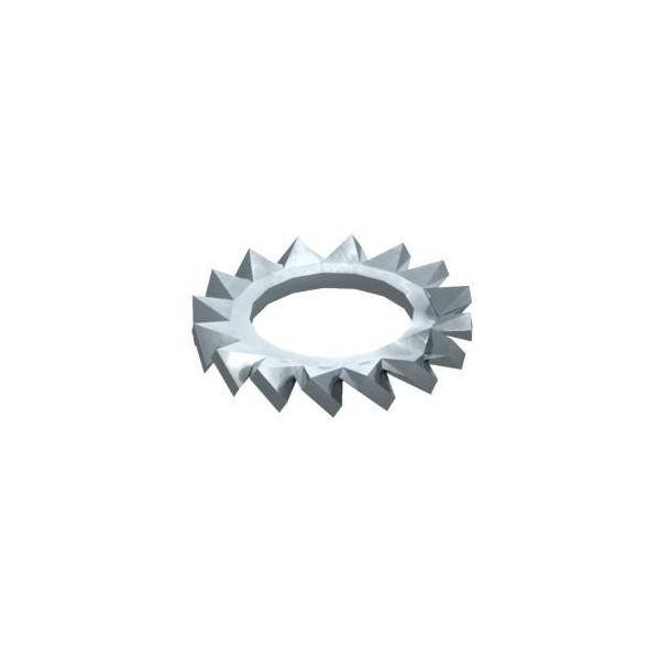 Eine Sternscheibe aus Silber, ein kreisförmiger Metallring mit gezackten Kanten, der verwendet wird, um ein Lockern in mechanischen Baugruppen zu verhindern.