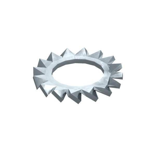 Eine silberne Metallsperrzahnscheibe mit sternförmigen Zähnen, die gleichmäßig um ihre kreisförmige Gestalt angeordnet sind.