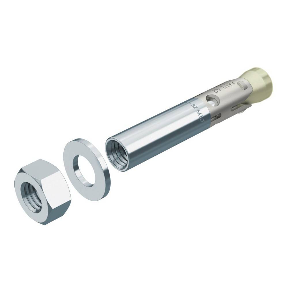 Eine Metalldübel-Befestigungsanordnung umfasst einen zylindrischen Anker, eine Sechskantmutter und eine Unterlegscheibe und zeigt die in der Baukonstruktion verwendeten Befestigungskomponenten.
