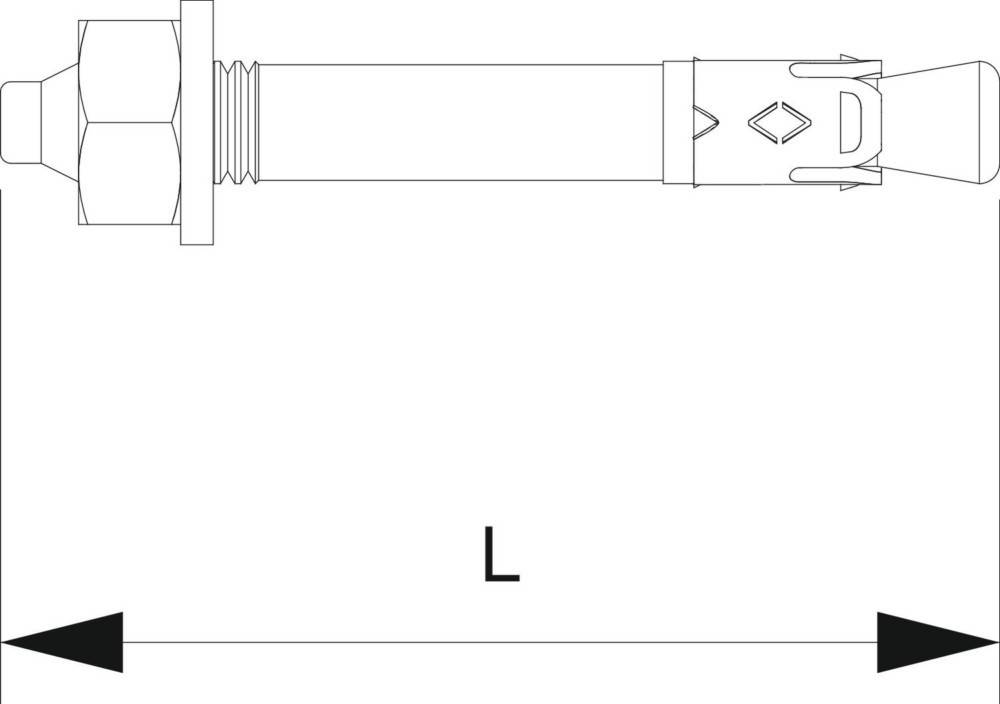 Diagramm eines Wandankers, der in ein gebohrtes Loch eingesetzt wird, unten mit 'L' beschriftet, das die korrekte Installationsmethode zeigt.
