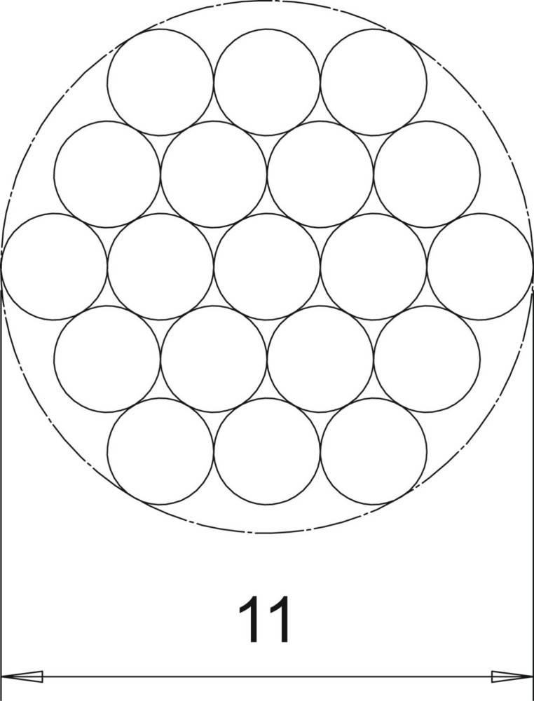 Diagramm von 19 Kreisen, die in einem größeren Kreis angeordnet sind und ein Wabenmuster bilden, wobei ein Kreis in der Mitte von den anderen umgeben ist.