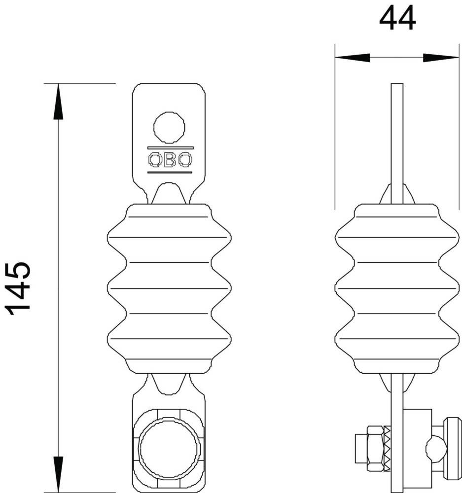 Darstellung eines elektrischen Isolators mit Abmessungen. Höhe 145 mm und Breite 44 mm, mit detaillierter Seitenansicht des Designs.