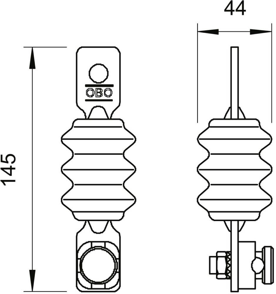 Isolator mit einer Höhe von 145 mm und einer Breite von 44 mm, ausgestattet mit einem metallischen Montagebügel oben und einem Bolzen unten zur Befestigung.