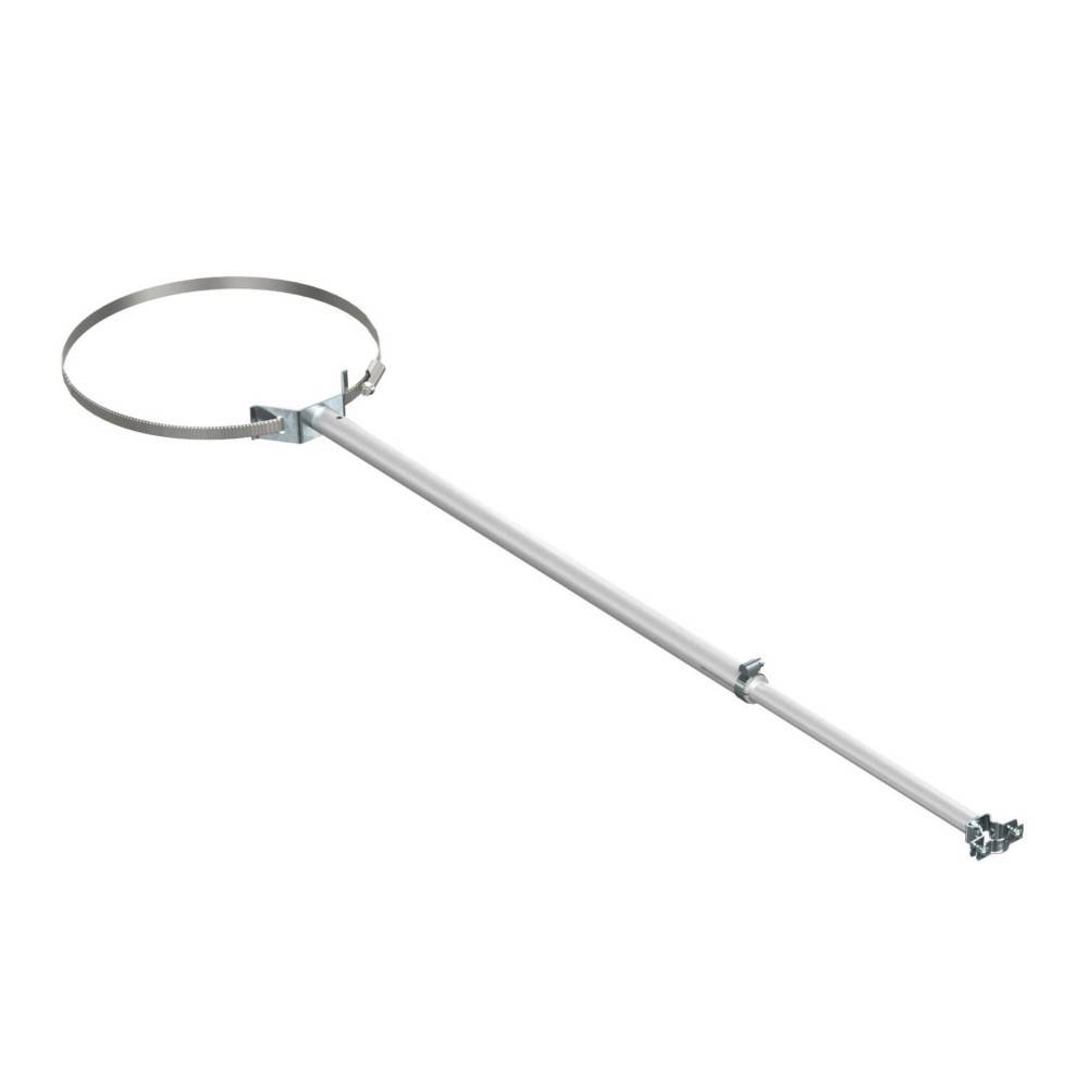 Eine Metallstütze mit einer verstellbaren Klemme, die dazu entwickelt wurde, Antennen oder ähnliche Geräte zu befestigen. Der Pfosten ist lang und schlank und besteht aus Stahl.