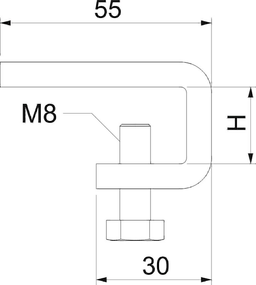 Technische Zeichnung einer L-förmigen Halterung mit beschrifteten Abmessungen: horizontale Länge '50', vertikale Länge 'H', und Schraubengröße 'M8'.