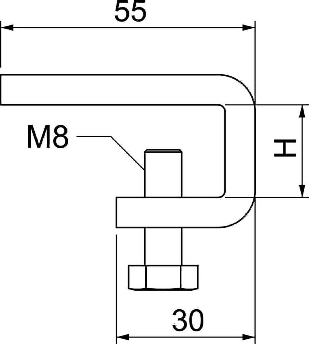 Skizze einer L-förmigen Metallhalterung. Der obere Arm hat eine Länge von 50 Einheiten, Bolzengröße M8. Das untere Ende zeigt Abmessungen von 30 Einheiten und Höhe H.