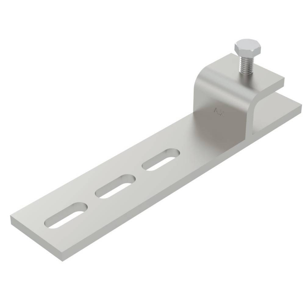 Eine silberne Metallhalterung mit drei Schlitzen und einem oberen Befestigungsbolzen, die typischerweise für verstellbare Strukturunterstützung oder Montageanwendungen verwendet wird.