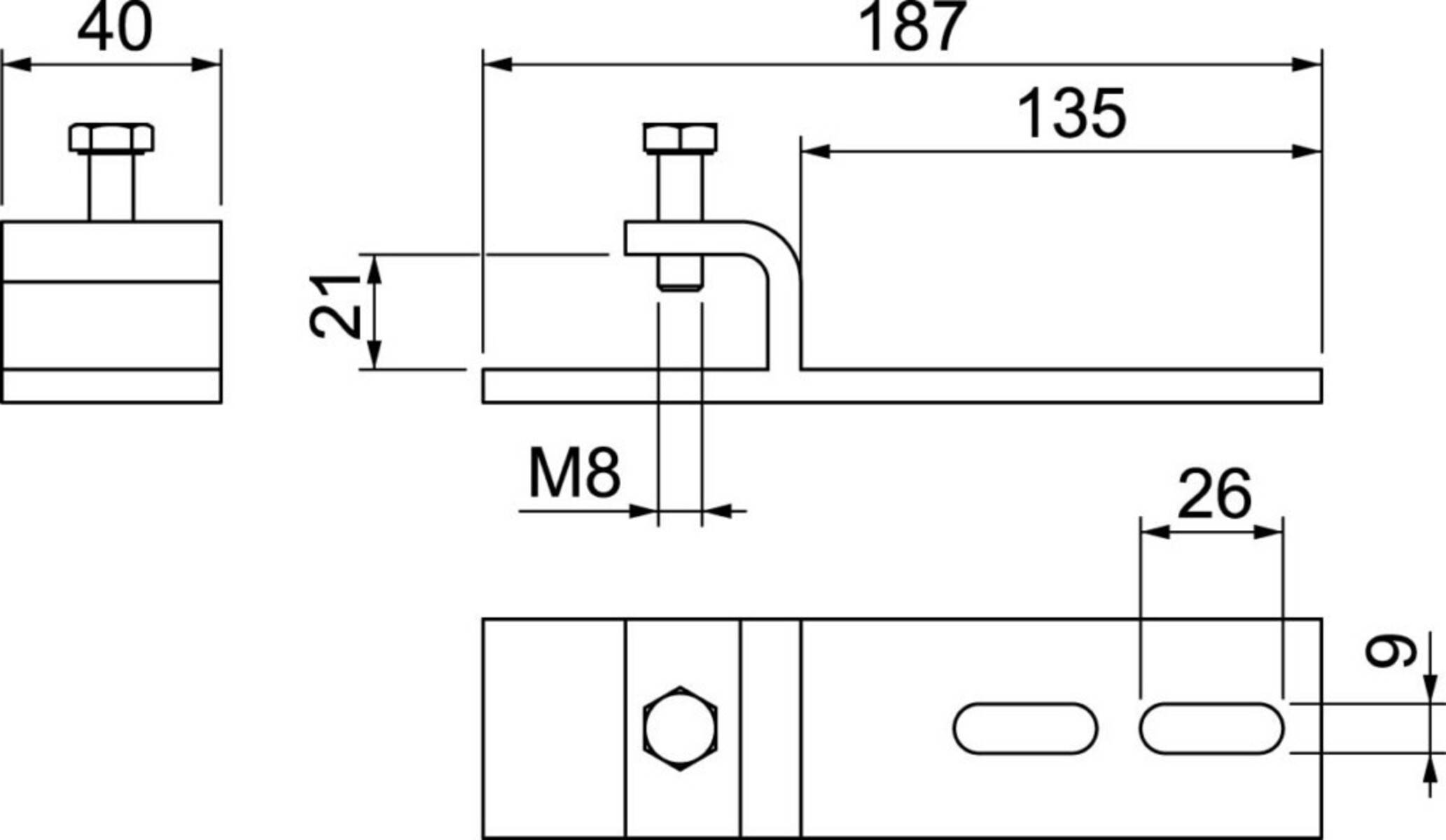 Technische Zeichnung eines Metallhalters mit Abmessungen: 187 mm Länge, 135 mm zwischen Bolzenzentren, 21 mm Höhe. Bolzengröße: M8.