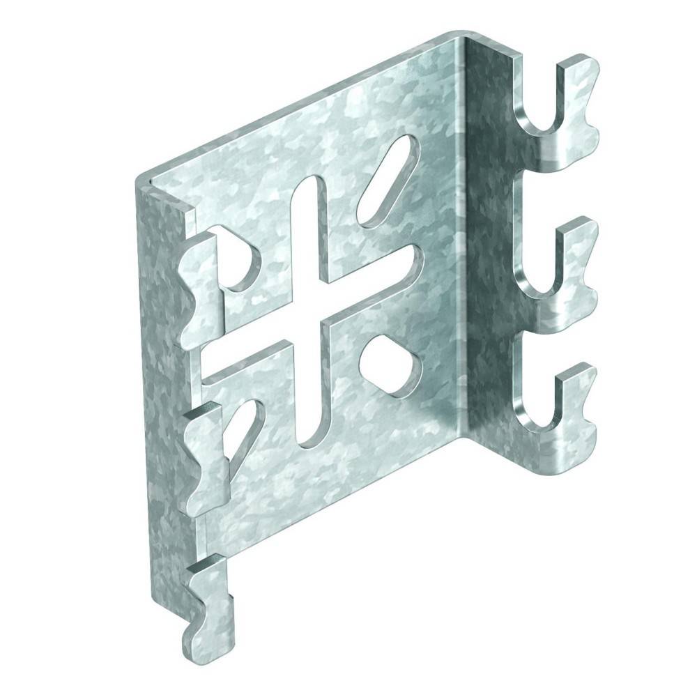 Eine Metallhalterung mit mehreren gebogenen Haken und einem zentralen Ausschnitt in Kreuzform, die zum Montieren oder Befestigen von Gegenständen verwendet wird.