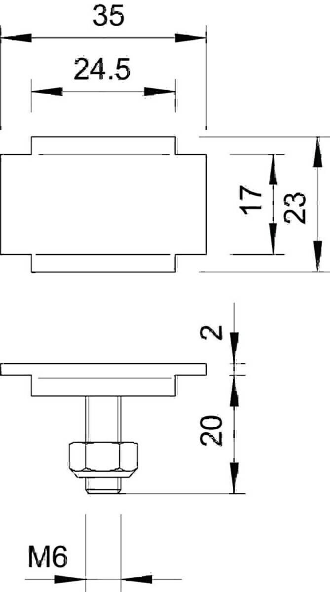 Technische Zeichnung einer rechteckigen Komponente mit beschrifteten Abmessungen: 17 mm Breite, 23 mm Höhe und 2 mm Dicke.
