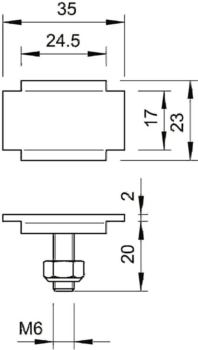 Technische Zeichnung eines mechanischen Bauteils mit zwei Ansichten. Abmessungen beschriftet mit '23', '17' und '20', die Höhen- und Breitenmessungen angeben.
