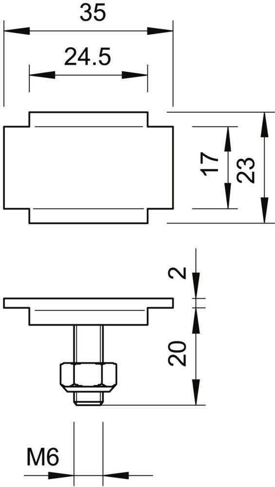 Technische Zeichnung mit zwei Ansichten eines mechanischen Bauteils. Draufsicht mit Abmessungen von 17x23 Einheiten. Seitenansicht zeigt eine Höhe von 20 Einheiten.