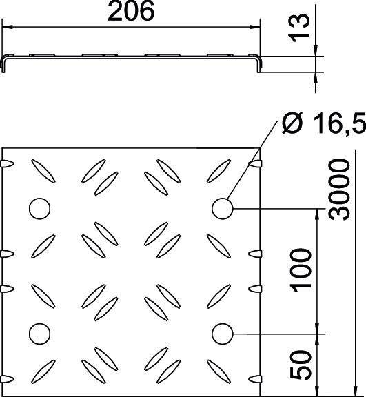Technische Zeichnung eines Metallblechs mit einem erhabenen, gezahnten Muster. Abmessungen sind 3000x200 mm, Dicke 13 mm und Lochdurchmesser 16,5 mm.