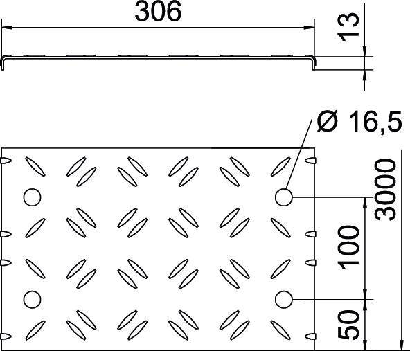 Eine technische Zeichnung eines Metallprofils. Die Draufsicht zeigt die Abmessungen: 306 mm Länge, 13 mm Höhe. Die Unteransicht zeigt 16 mm Löcher, die 100 mm voneinander entfernt sind.