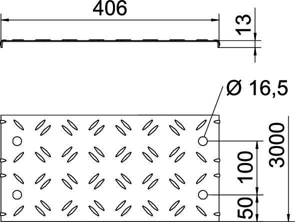 Technische Zeichnung eines gelochten Metallblechs, mit Abmessungen: Länge 406 mm, Dicke 13 mm, Lochdurchmesser 13 mm, mit einigen wiederholten Maßangaben.