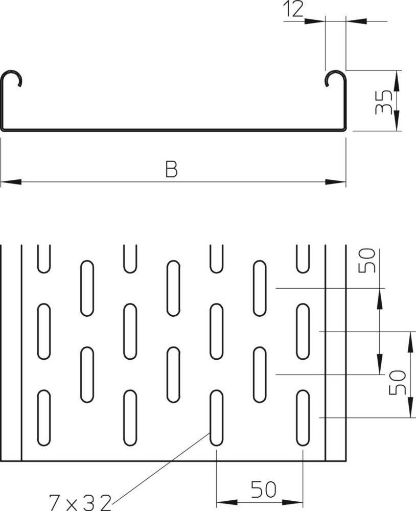 Technische Zeichnung eines Metallkanals mit perforierten Löchern. Draufsicht zeigt ein U-förmiges Profil; Seitenansicht detailliert Maße: Breite als B beschriftet, Höhe als 35 und Lochabstand als 50.