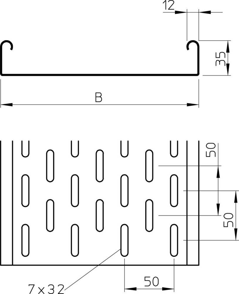 Diagramm eines Metallkanals mit Perforationen. Die Draufsicht zeigt einen C-förmigen Querschnitt mit einer Höhe von 35 mm. Die Vorderansicht zeigt einen Abstand von 50 mm zwischen den Perforationen.