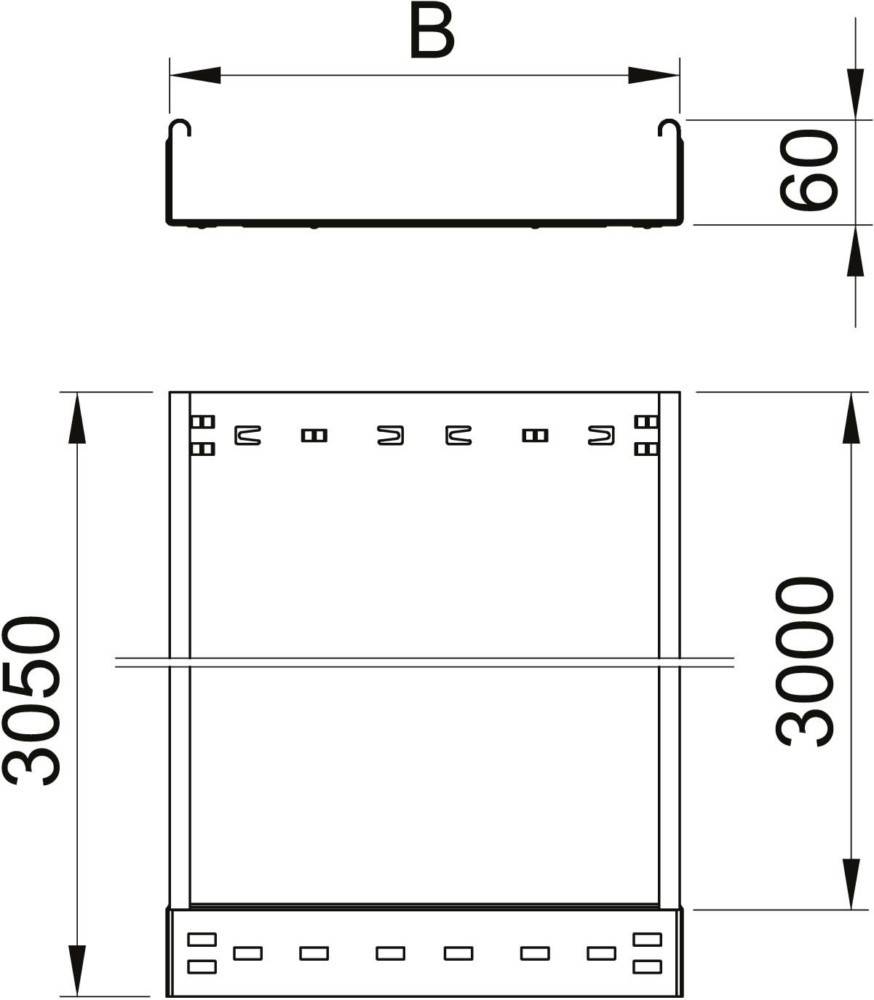 Technische Zeichnung eines Regalsystems; Frontansicht zeigt eine Höhe von 3050 mm und eine Breite von 3000 mm. Draufsicht zeigt eine Tiefe von 600 mm.