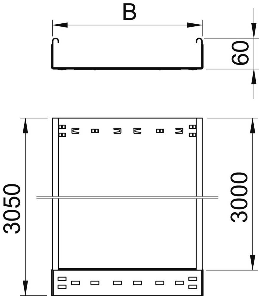 Technische Zeichnung eines Regalsystems mit Abmessungen: 3050 mm Höhe, 60 mm Tiefe und 3000 mm innerer Raumhöhe.