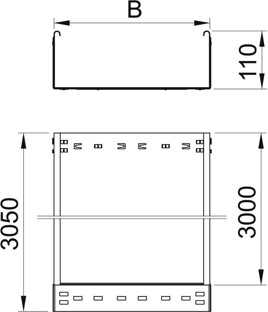 Technische Zeichnung mit Vorder- und Seitenansicht eines rechteckigen Objekts mit den Abmessungen 3050 mm Höhe, 3000 mm Breite und 110 mm Tiefe.