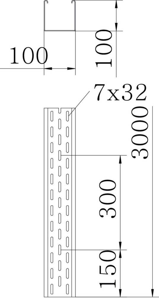 Eine Zeichnung, die einen Metallträger mit Löchern zeigt. Die Abmessungen sind '7000' Länge, '3000' Breite und '7 x 32' Lochgröße. Ein Pfeil zeigt die Breite an.