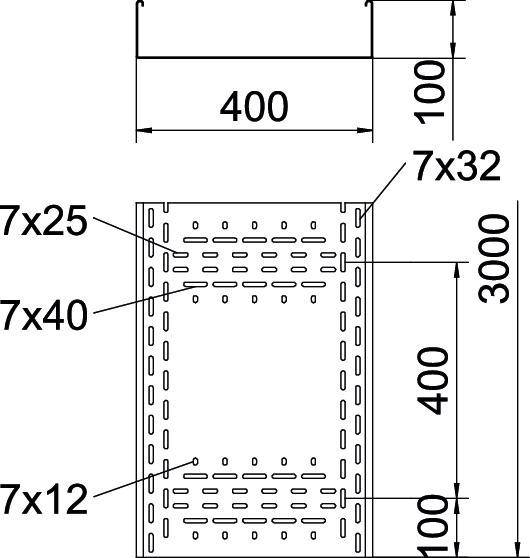 Technische Zeichnung eines perforierten rechteckigen Metallpanels, 400 mal 3000 mm, mit wiederholten Schlitzmustern beschriftet als 7x12, 7x25, 7x32 und 7x40.