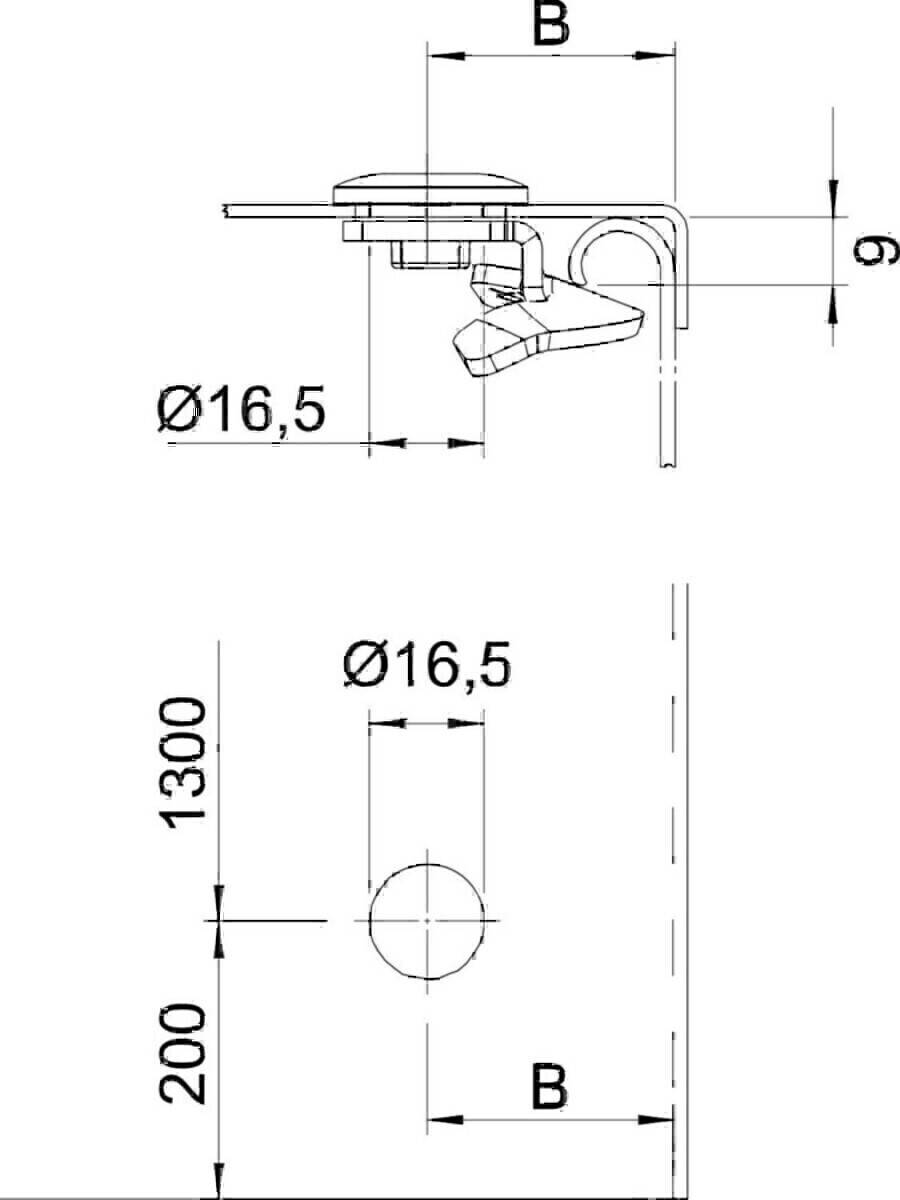 Ein Querschnittsdiagramm einer mechanischen Komponente mit einer kreisförmigen Hohlbereich, gekennzeichnet mit Ø16,5 und vertikaler Messung gekennzeichnet mit 1300.