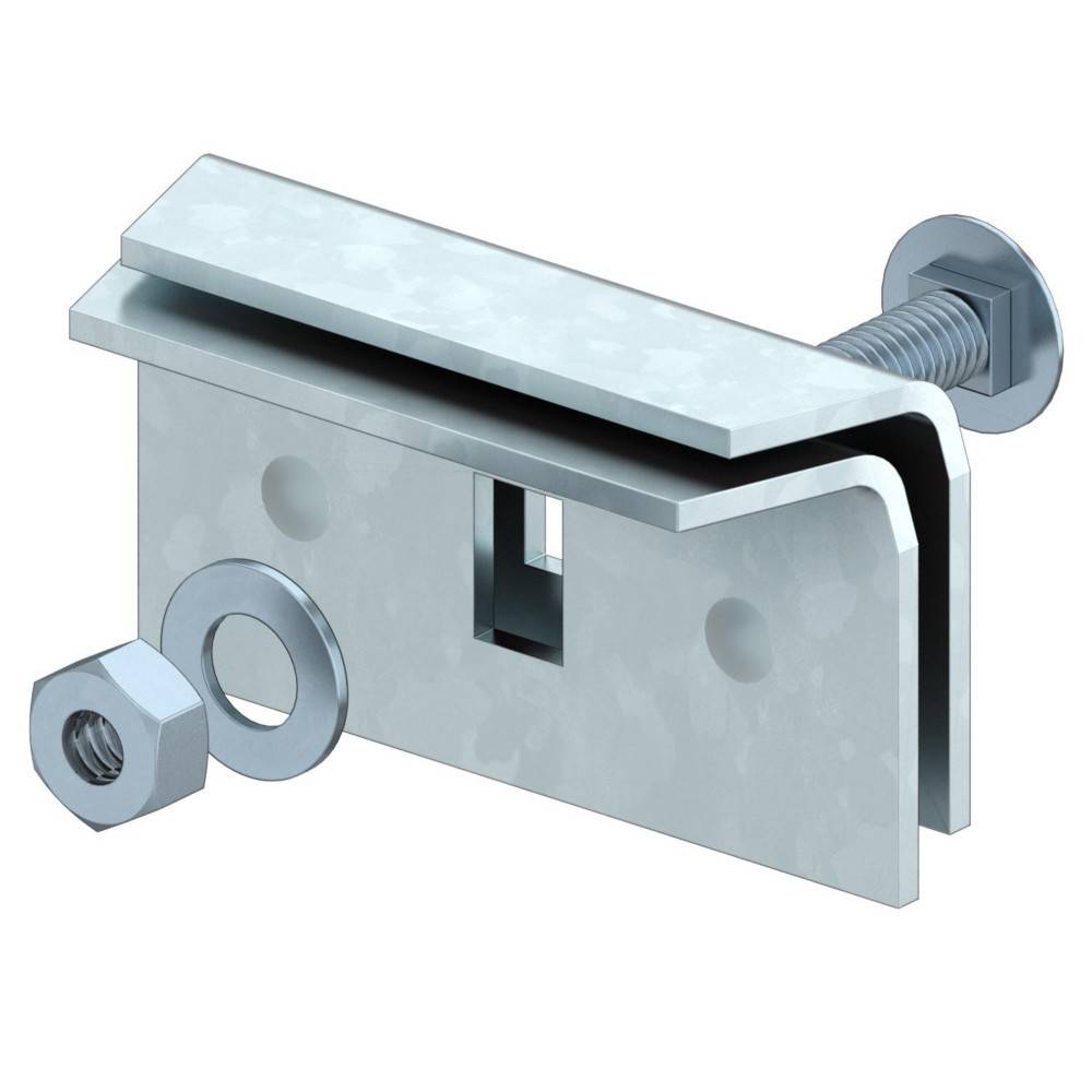 Eine Metallhalterungsanordnung mit einer U-förmigen Klammer, Schraube, Mutter und Unterlegscheibe, die für eine sichere Befestigung konzipiert ist.
