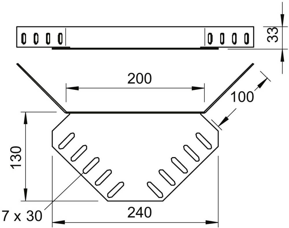 Technische Zeichnung eines V-förmigen Metallhalters mit Schlitzen. Draufsicht zeigt eine Breite von 200 mm. Vorderansicht gibt eine Höhe von 100 mm und eine Breite von 240 mm an.