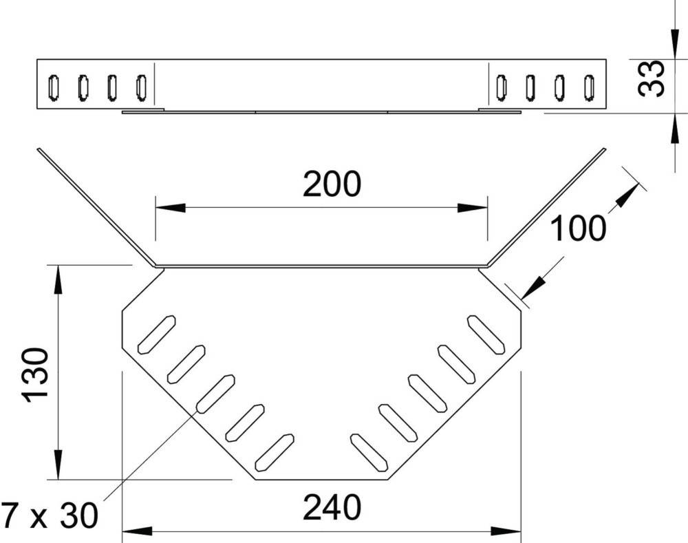 Diagramm einer Dachrinnenkomponente mit Maßangaben: Breite 200 mm, Höhe 100 mm, Basis 240 mm. Kerben entlang der oberen Kante.