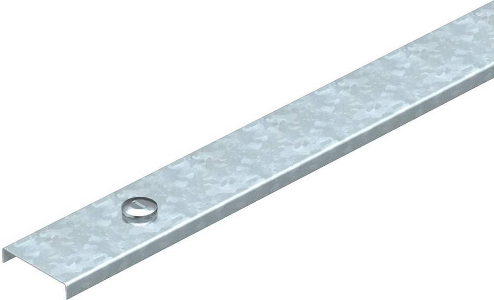 Ein Metallstreifen mit einer glänzenden, runden Schraube an einem Ende, der auf einem weißen Hintergrund dargestellt ist.
