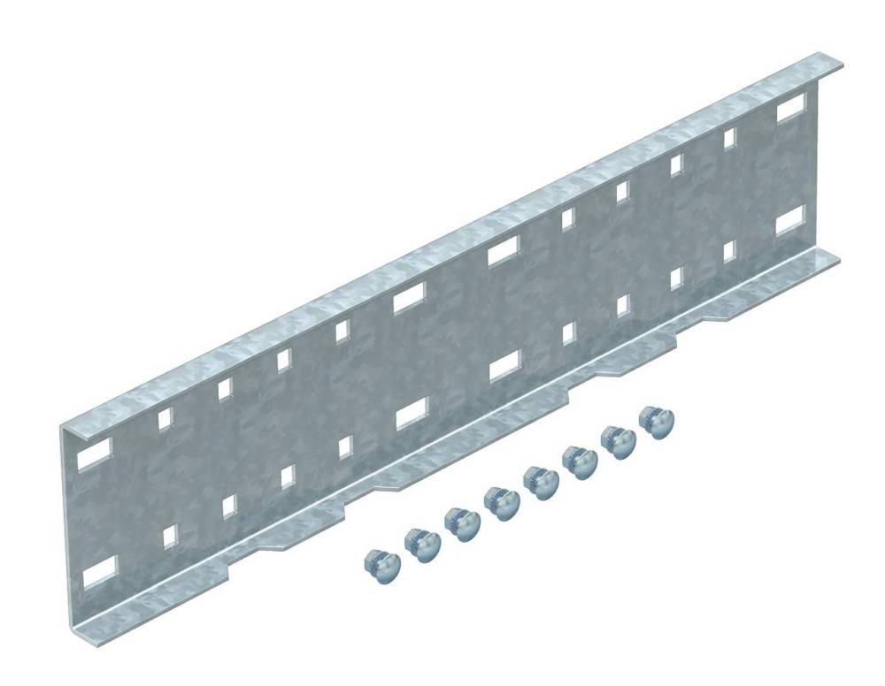 Eine Metallhalterung mit Löchern, versehen mit acht begleitenden Schrauben, möglicherweise zur Verwendung in Bau- oder Montagezwecken.