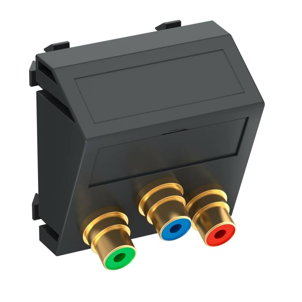 Ein schwarzes AV-Steckermodul mit drei vergoldeten RCA-Anschlüssen, die mit roten, grünen und blauen Farben beschriftet sind und für Audio-Video-Verbindungen verwendet werden.