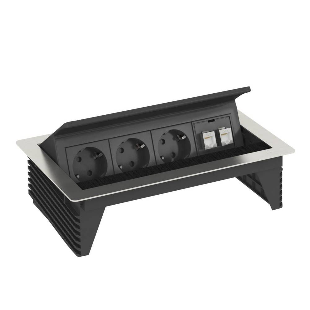 Schwarze Tischsteckdose mit drei Steckplätzen und zwei USB-Ports, konzipiert für Schreibtische oder Konferenztische.