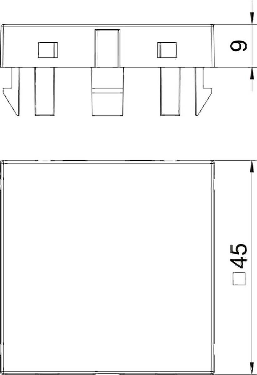 Technische Zeichnung einer quadratischen Komponente mit markierten Abmessungen. Die Höhe ist mit 45 beschriftet, und mehrere Einbuchtungen sind an der Oberseite vorhanden.