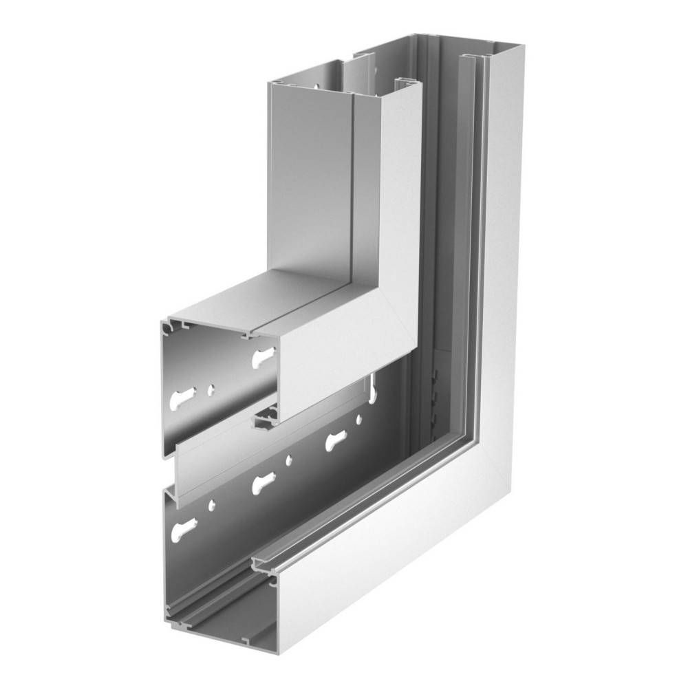 Aluminium-Extrusionsprofil für Tür- oder Fensterrahmen, das einen Eckverbindungsbereich mit Querschnittsansicht und verschachteltem Design zeigt.